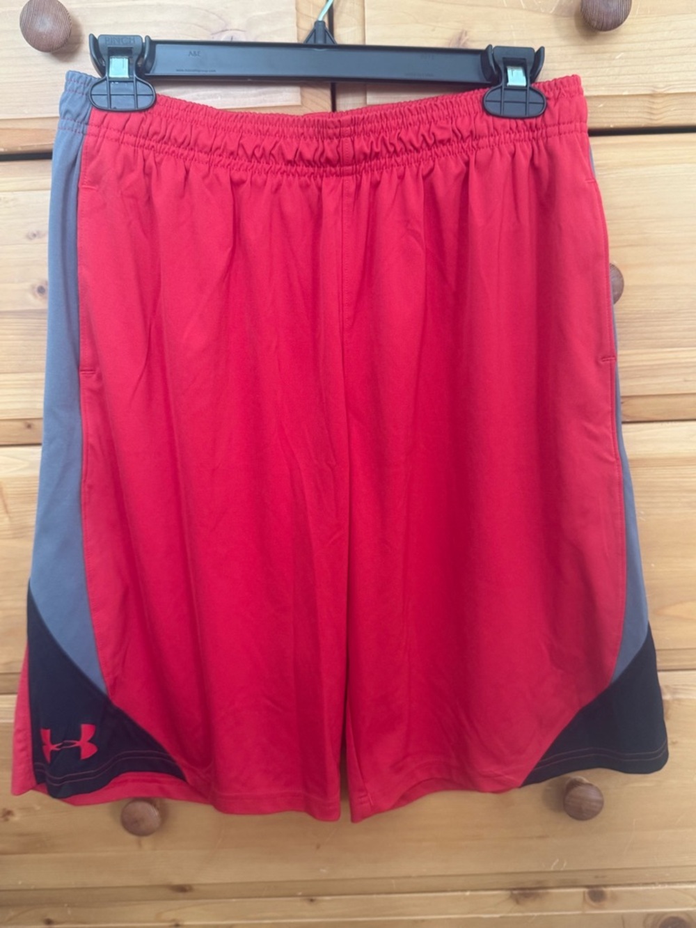 Boys XL Under Armour Red Athletic Shorts with Gray & Black Panels